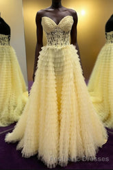 Yellow Lace-Up Floral Multi-Layers Strapless A-line Long Evening Prom Dresses